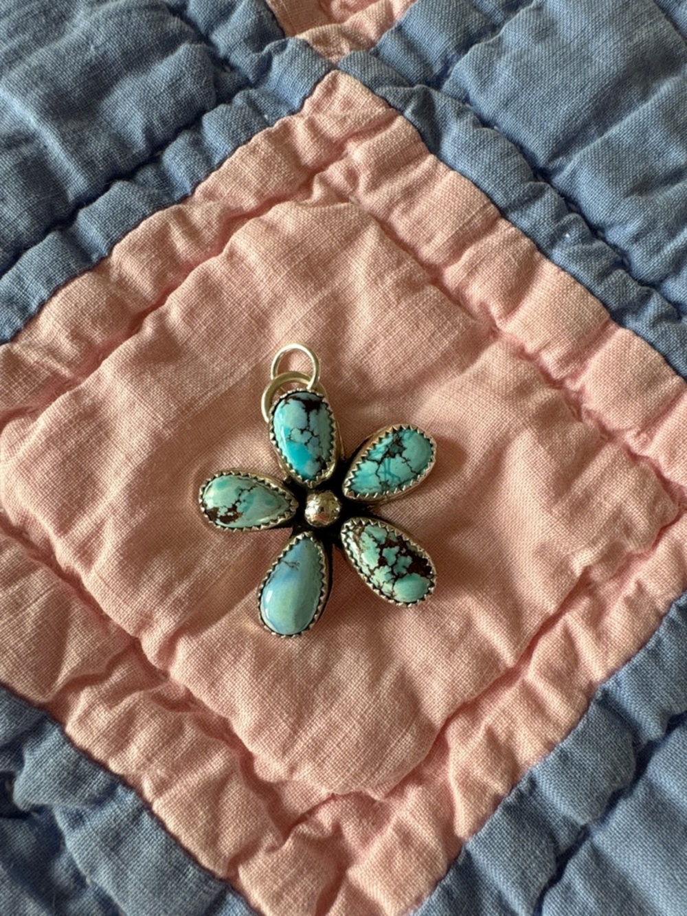 Turquoise Flower Pendant Necklace - Silver Tone